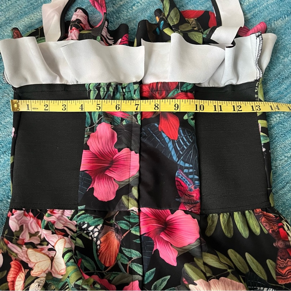 H&M Jumpsuit Romper Floral ruffle sleeve black red pink stretch size 8/38 - Picture 7 of 12